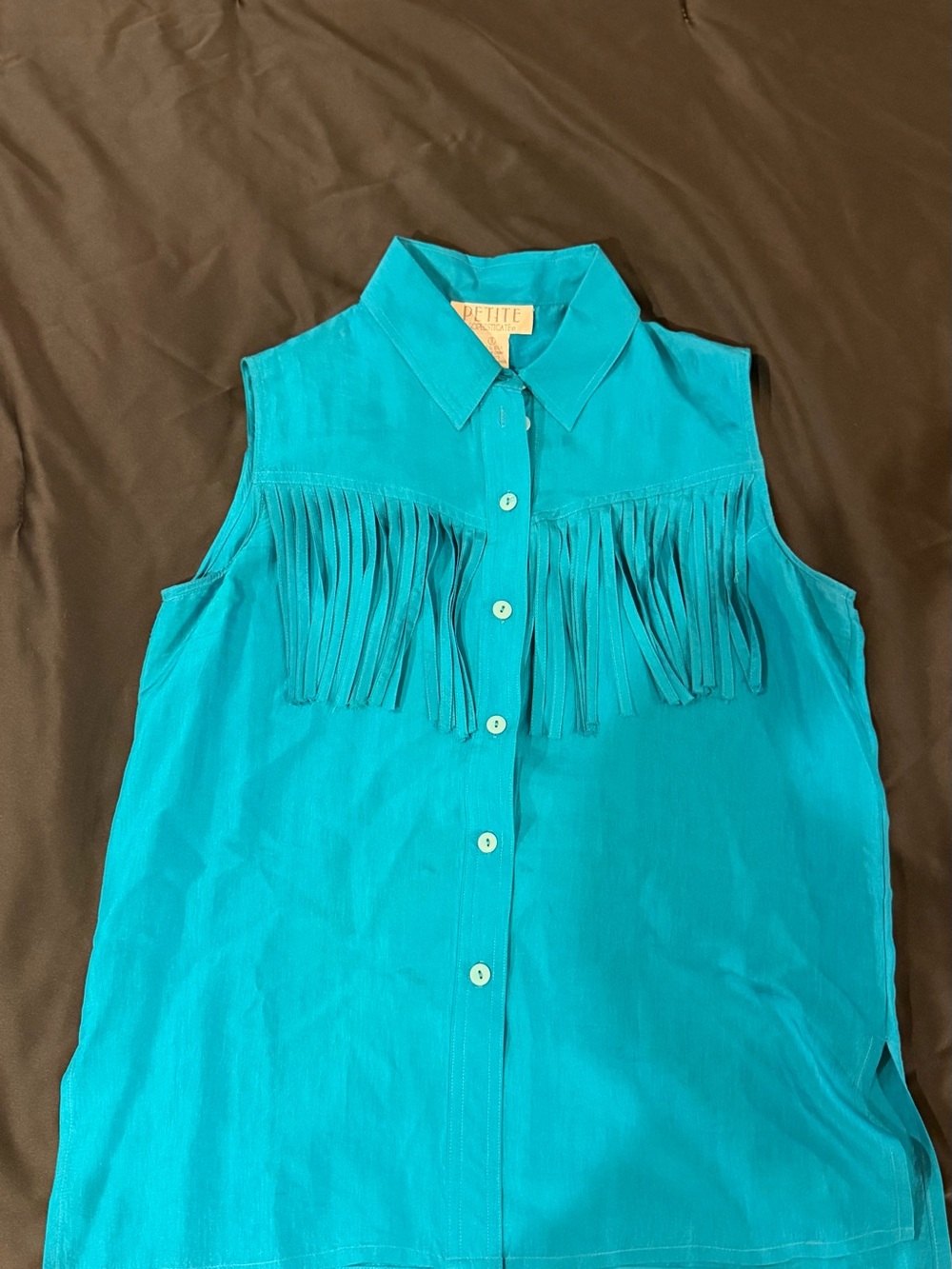 Petite Sophisticate Teal Sleeveless Fringe Button-Down Top